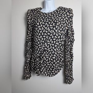 Les Coyotes De Paris Blouse Beija Flower Vase Print Ruched Sleeves Black Sz 40